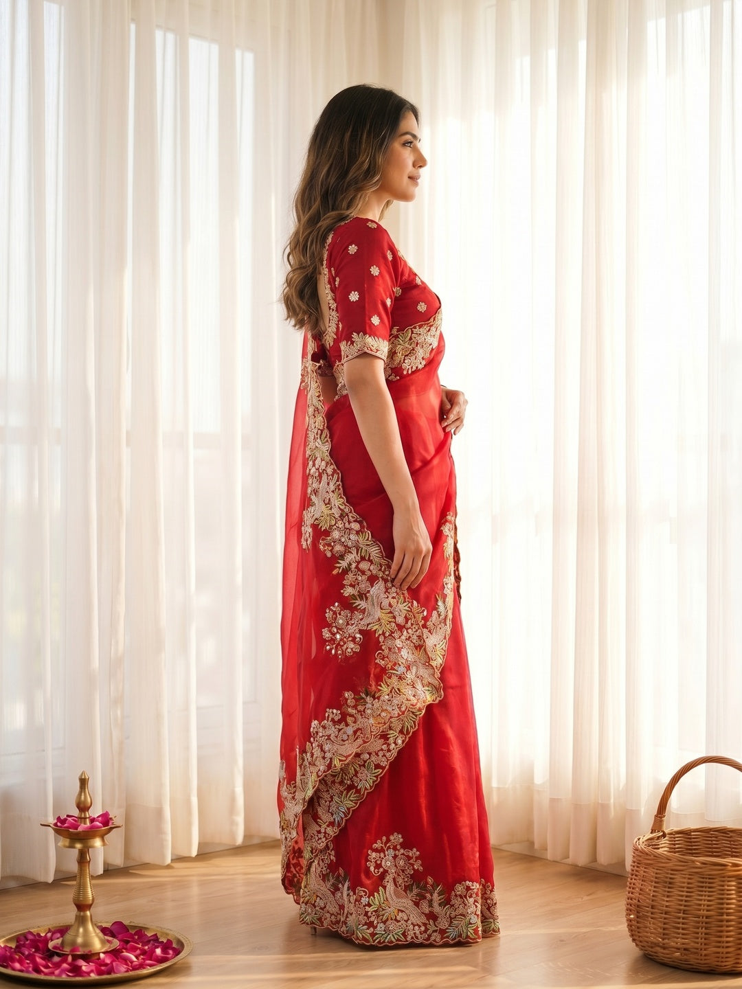 Graceful Red Bird & Floral Motif Jimmy Choo Satin Silk Saree Adorned With Cording Sequins Embroidery - Image 6
