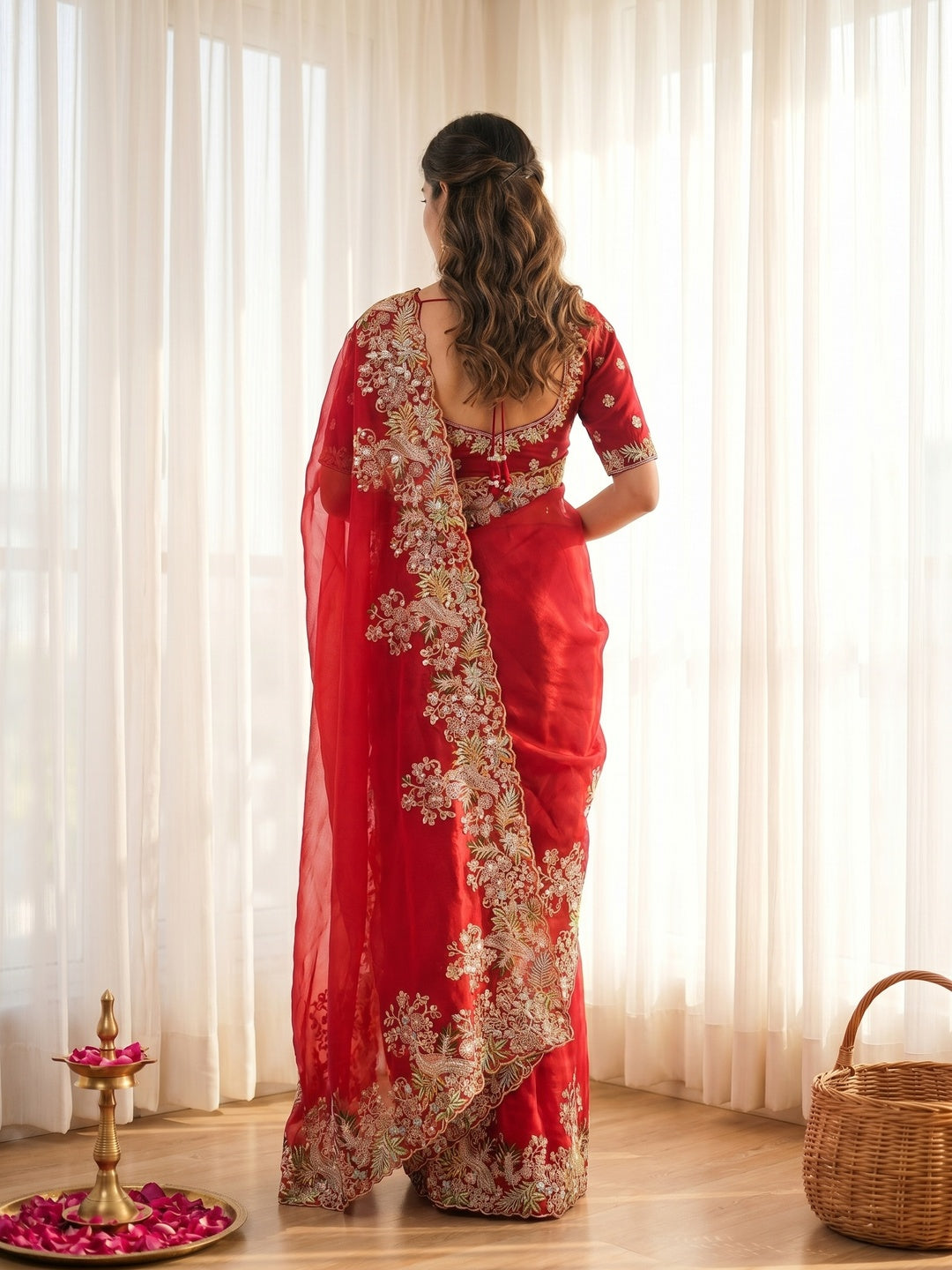 Graceful Red Bird & Floral Motif Jimmy Choo Satin Silk Saree Adorned With Cording Sequins Embroidery - Image 5