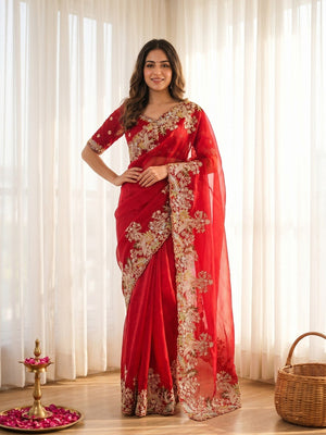 Graceful Red Bird & Floral Motif Jimmy Choo Satin Silk Saree Adorned With Cording Sequins Embroidery - Image 1