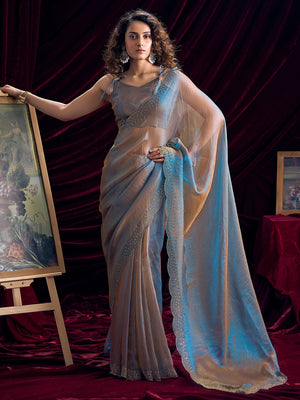 Glamorous Blue Two Tone Satin Silk Saree Adorned With Beads & Stones Embellishment - Image 1