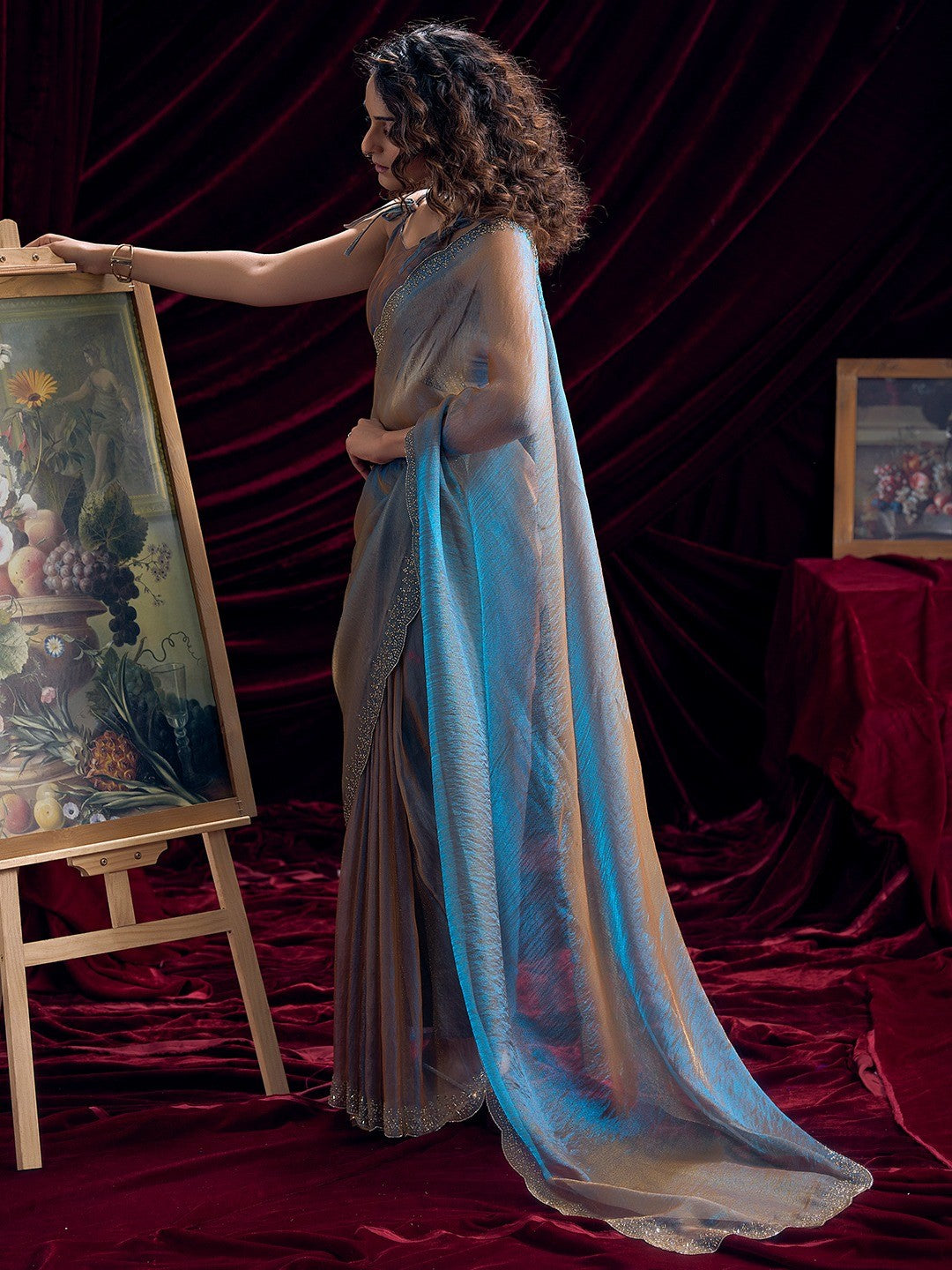 Glamorous Blue Two Tone Satin Silk Saree Adorned With Beads & Stones Embellishment - Image 5