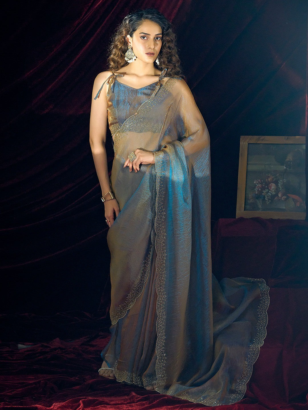 Glamorous Blue Two Tone Satin Silk Saree Adorned With Beads & Stones Embellishment - Image 4