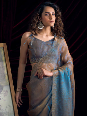 Glamorous Blue Two Tone Satin Silk Saree Adorned With Beads & Stones Embellishment - Image 2