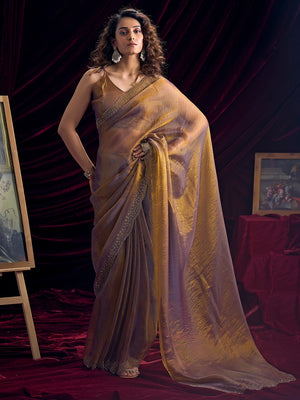 Glamorous Brown Two Tone Satin Silk Saree Adorned With Beads & Stones Embellishment - Image 1