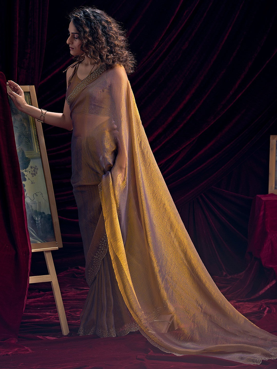 Glamorous Brown Two Tone Satin Silk Saree Adorned With Beads & Stones Embellishment - Image 5