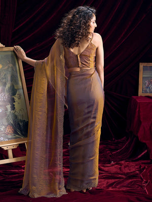 Glamorous Brown Two Tone Satin Silk Saree Adorned With Beads & Stones Embellishment - Image 2