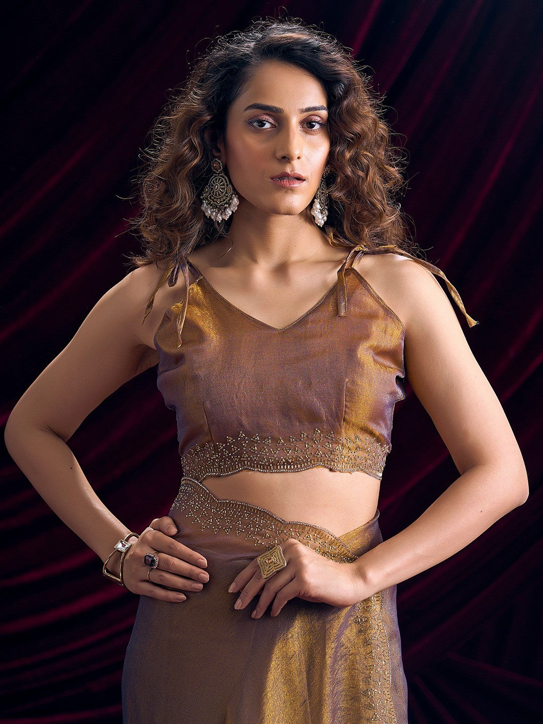 Glamorous Brown Two Tone Satin Silk Saree Adorned With Beads & Stones Embellishment - Image 2