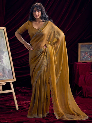Glamorous Mustard Two Tone Satin Silk Saree Adorned With Beads & Stones Embellishment - Image 1