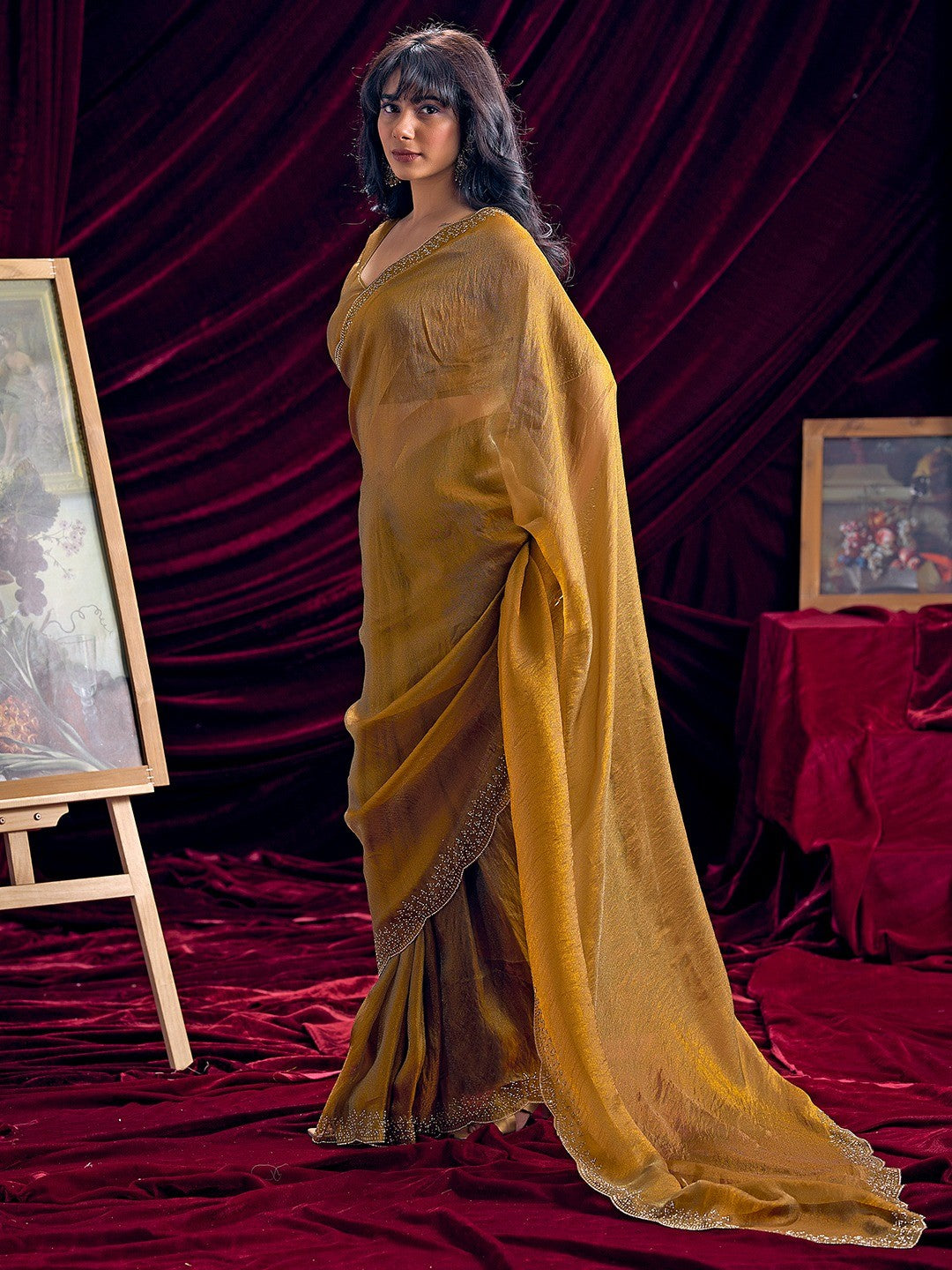 Glamorous Mustard Two Tone Satin Silk Saree Adorned With Beads & Stones Embellishment - Image 5
