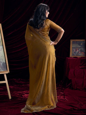Glamorous Mustard Two Tone Satin Silk Saree Adorned With Beads & Stones Embellishment - Image 2
