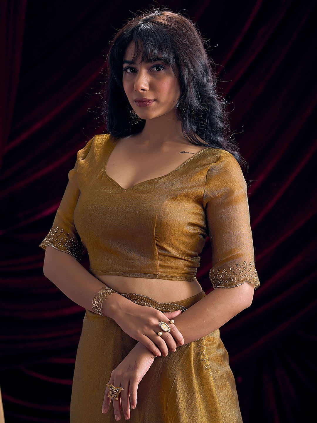 Glamorous Mustard Two Tone Satin Silk Saree Adorned With Beads & Stones Embellishment - Image 2