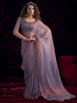 Glamorous Lavender Two Tone Satin Silk Saree Adorned With Beads & Stones Embellishment - Image 1