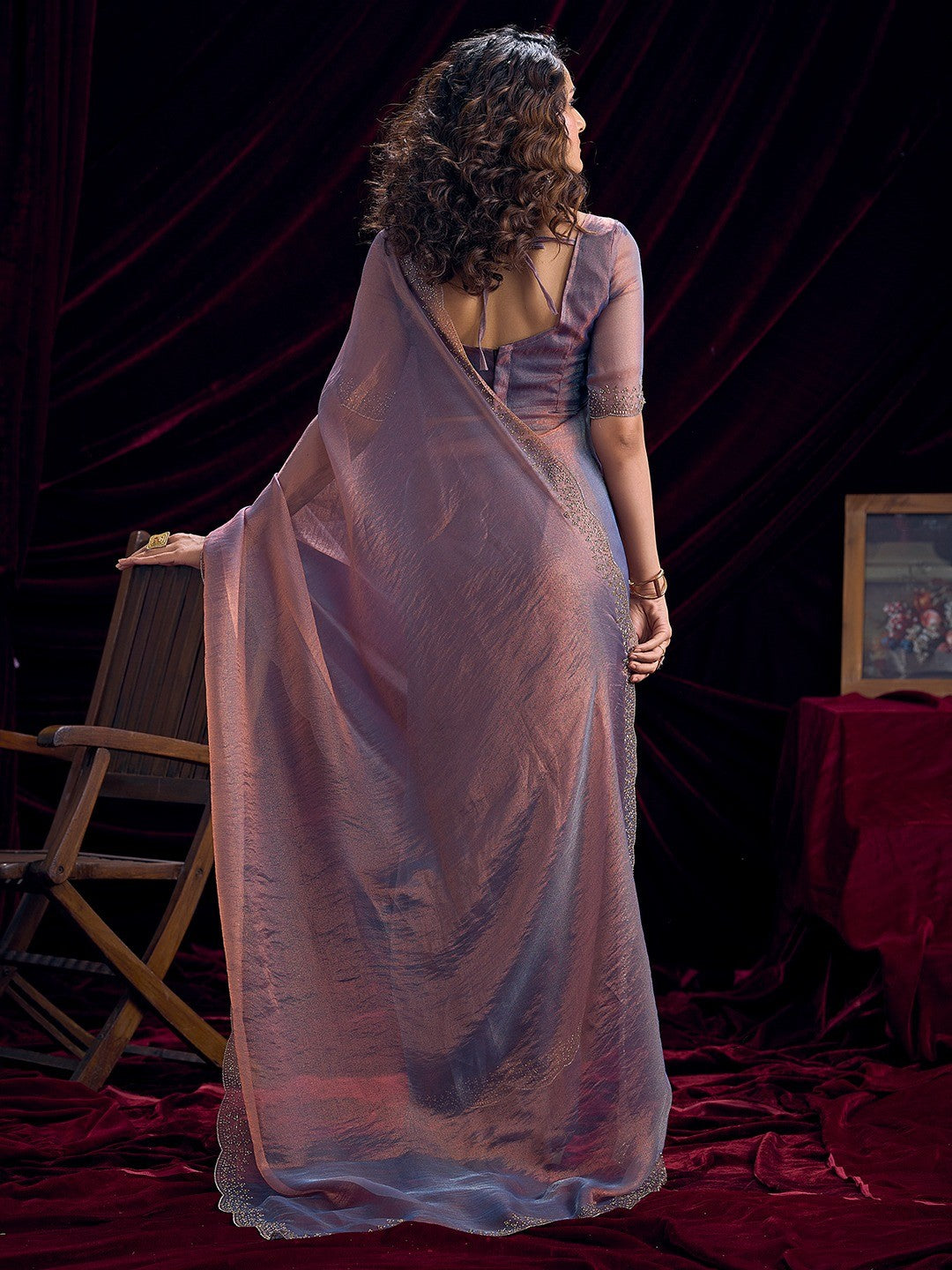 Glamorous Lavender Two Tone Satin Silk Saree Adorned With Beads & Stones Embellishment - Image 4
