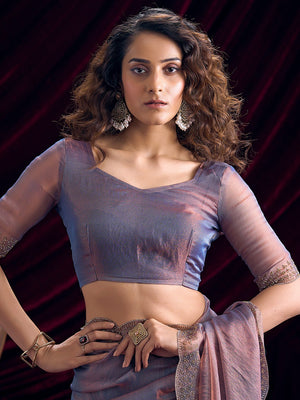 Glamorous Lavender Two Tone Satin Silk Saree Adorned With Beads & Stones Embellishment - Image 2
