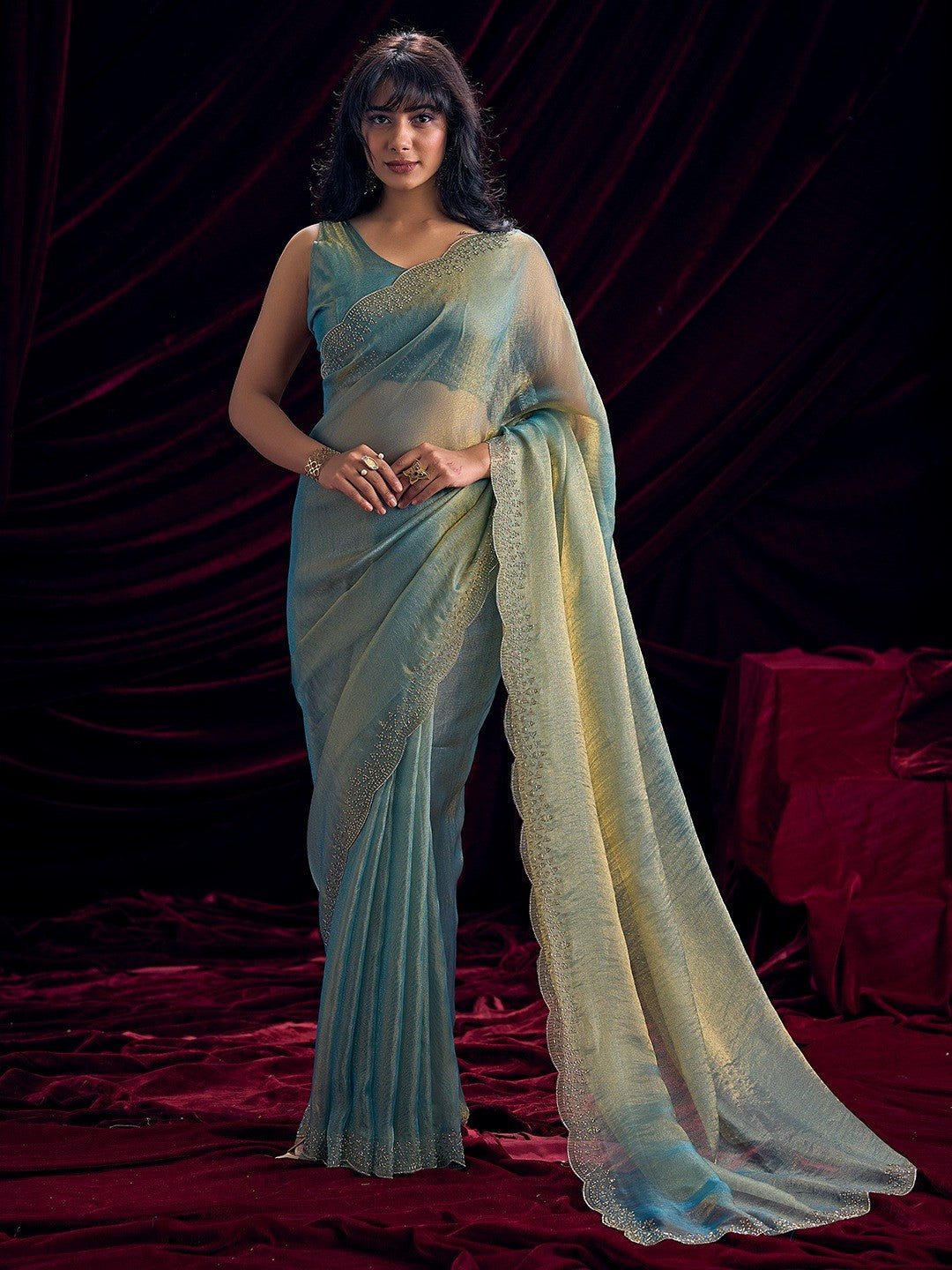 Glamorous Turquoise Two Tone Satin Silk Saree Adorned With Beads & Stones Embellishment - Image 1