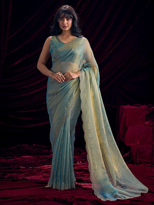 Glamorous Turquoise Two Tone Satin Silk Saree Adorned With Beads & Stones Embellishment - Image 1