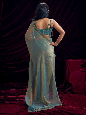 Glamorous Turquoise Two Tone Satin Silk Saree Adorned With Beads & Stones Embellishment - Image 2