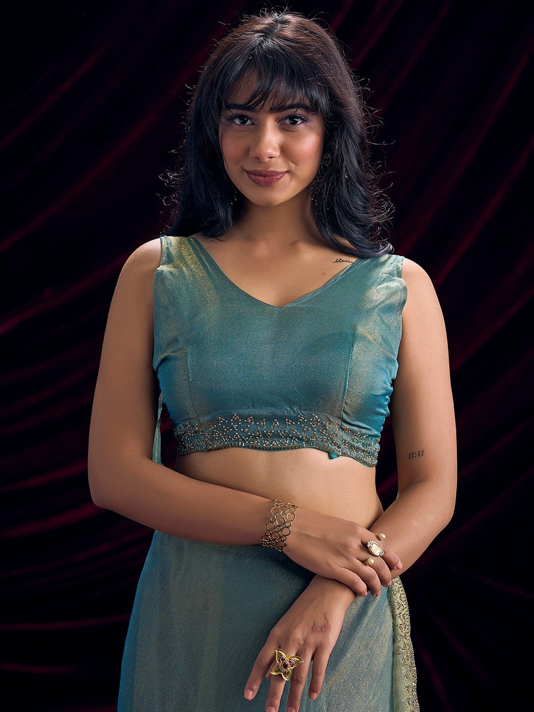 Glamorous Turquoise Two Tone Satin Silk Saree Adorned With Beads & Stones Embellishment - Image 2