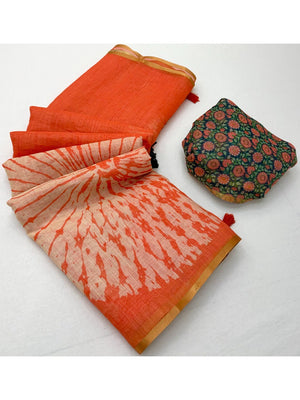 Elegant Orange Linen Saree with Abstract Print - Image 2
