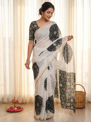 White Linen Saree with Black Abstract Design Lightweight Comfortable Outfit - Image 1