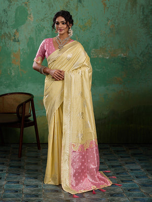 Premium Yellow Floral & Checks Zari Weaving Linen Saree With Vibrant Pink Tassel Pallu - Image 1