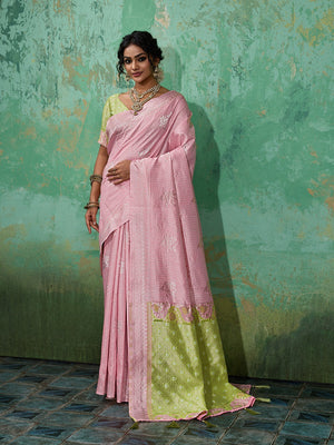 Premium Pink Floral & Checks Zari Weaving Linen Saree With Vibrant Green Tassel Pallu - Image 1