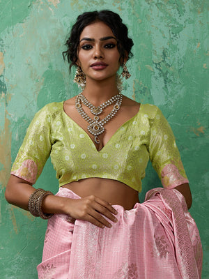 Premium Pink Floral & Checks Zari Weaving Linen Saree With Vibrant Green Tassel Pallu - Image 2