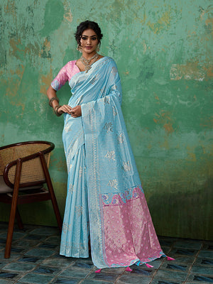 Premium Blue Floral & Checks Zari Weaving Linen Saree With Vibrant Pink Tassel Pallu - Image 1