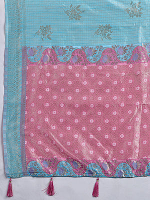 Premium Blue Floral & Checks Zari Weaving Linen Saree With Vibrant Pink Tassel Pallu - Image 2