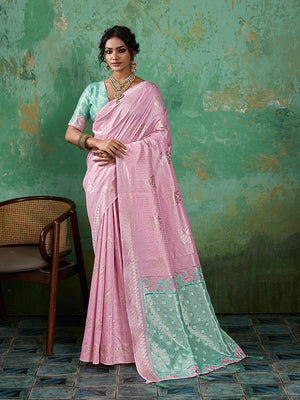 Premium Pink Floral & Checks Zari Weaving Linen Saree With Vibrant Turquoise Tassel Pallu - Image 1