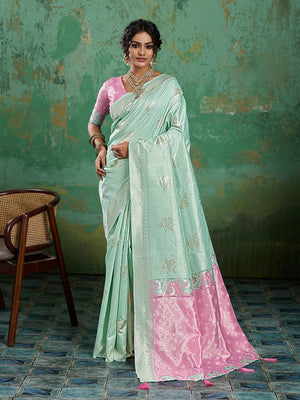 Premium Turquoise Floral & Checks Zari Weaving Linen Saree With Vibrant Pink Tassel Pallu - Image 1