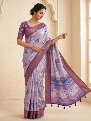 Elegant Violet Dola Silk Saree with Floral Digital Print and Jacquard Border - Image 1