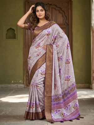 Elegant Floral Digital Print Grey & Brown Dola Silk Saree with Jacquard Border - Image 1