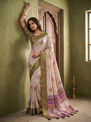 Floral Digital Print Grey & Green Dola Silk Saree with Jacquard Border - Image 1