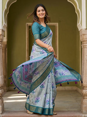 Elegant Blue Dola Silk Saree with Floral Digital Print - Image 1