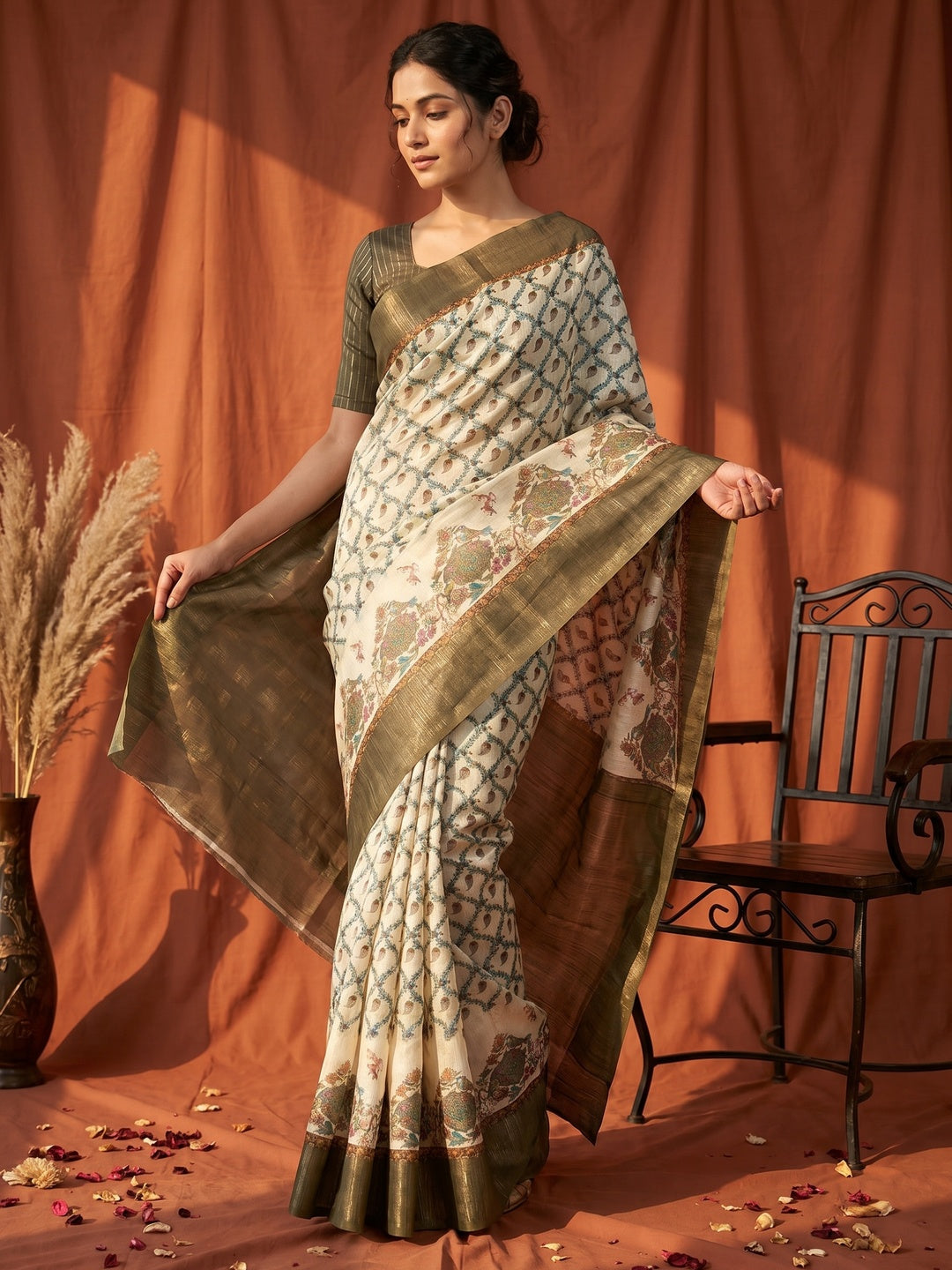 Offwhite & Green Digital Print Pure Cotton Saree with Woven Border - Image 1