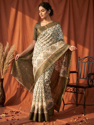Offwhite & Green Digital Print Pure Cotton Saree with Woven Border - Image 1