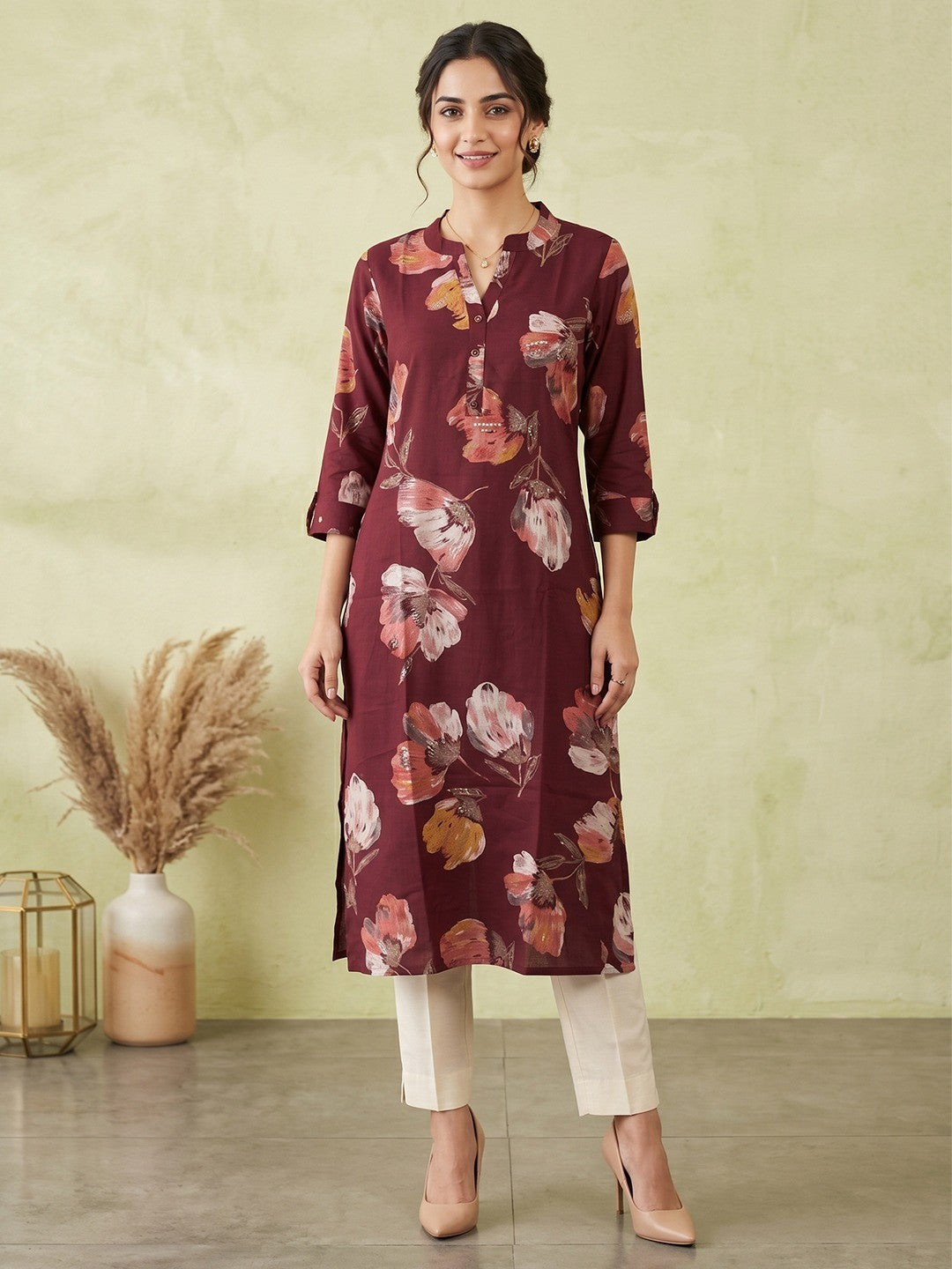 Premium Maroon Floral Printed Viscose Kurti Lightweight Ethnic Wear - Image 1