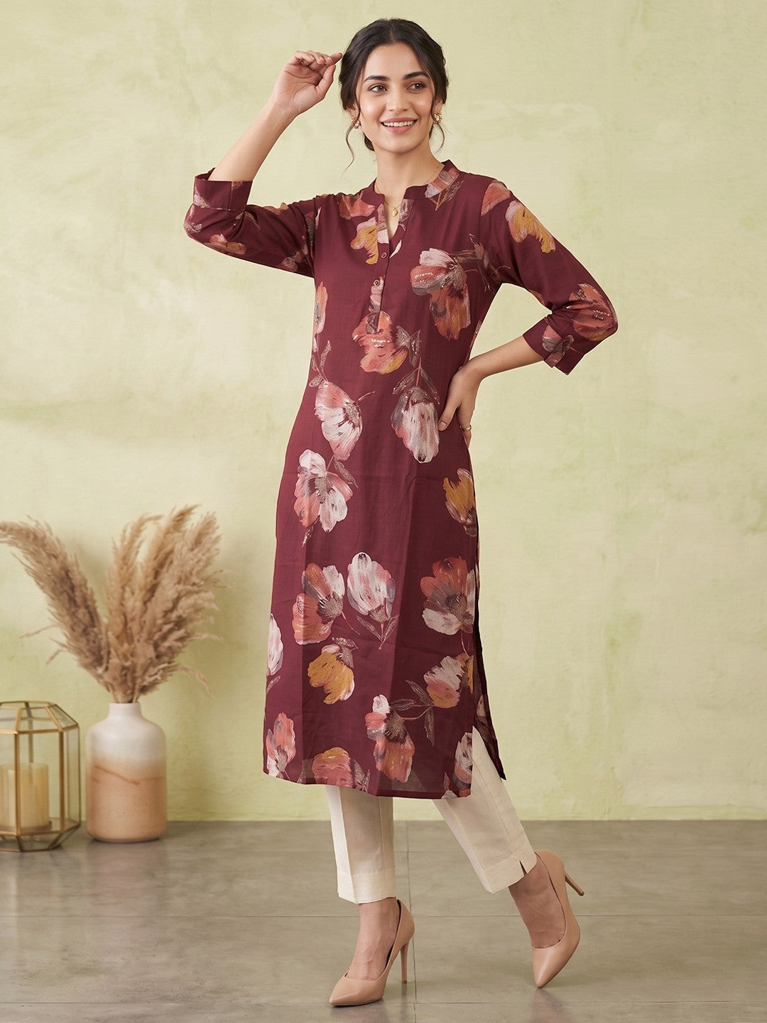 Premium Maroon Floral Printed Viscose Kurti Lightweight Ethnic Wear - Image 3