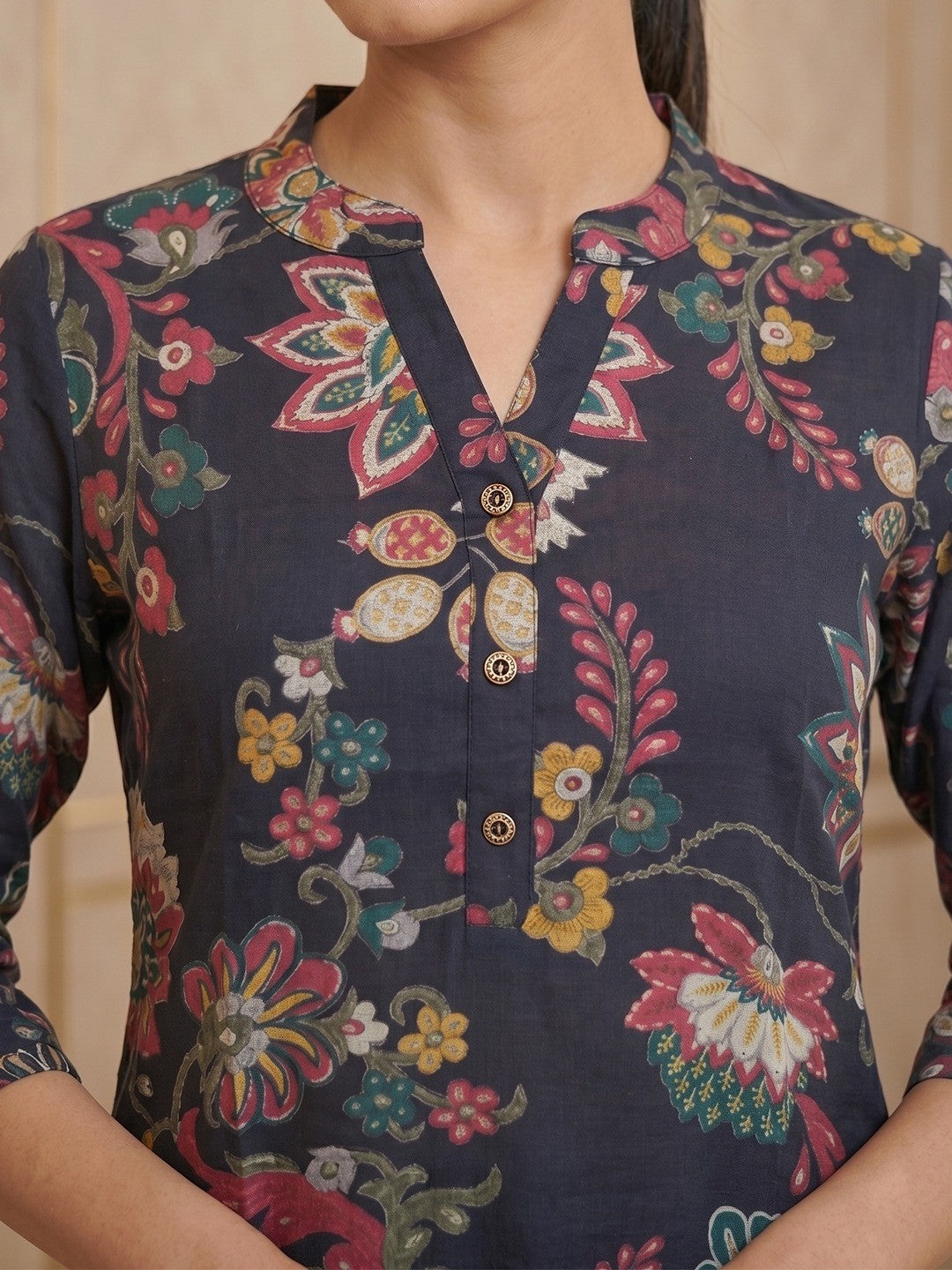 Premium Navy Blue Floral Printed Viscose Kurti Lightweight Ethnic Wear - Image 5