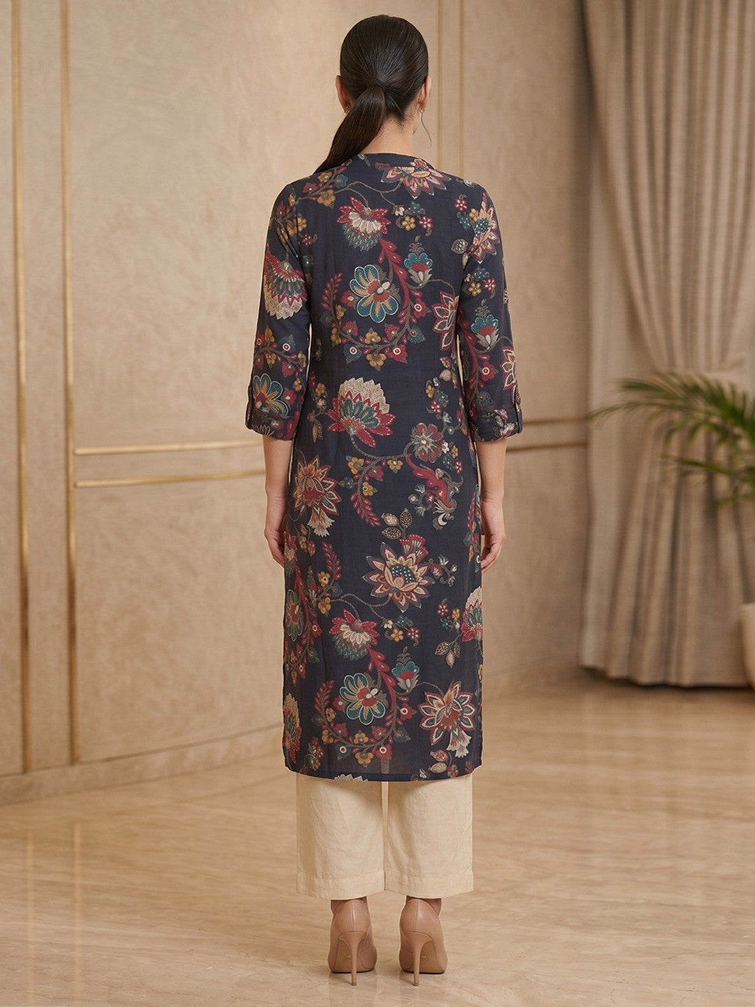 Premium Navy Blue Floral Printed Viscose Kurti Lightweight Ethnic Wear - Image 4