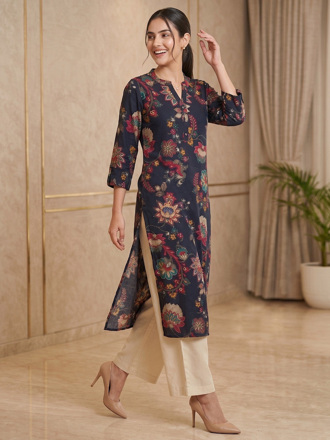 Premium Navy Blue Floral Printed Viscose Kurti Lightweight Ethnic Wear - Image 3