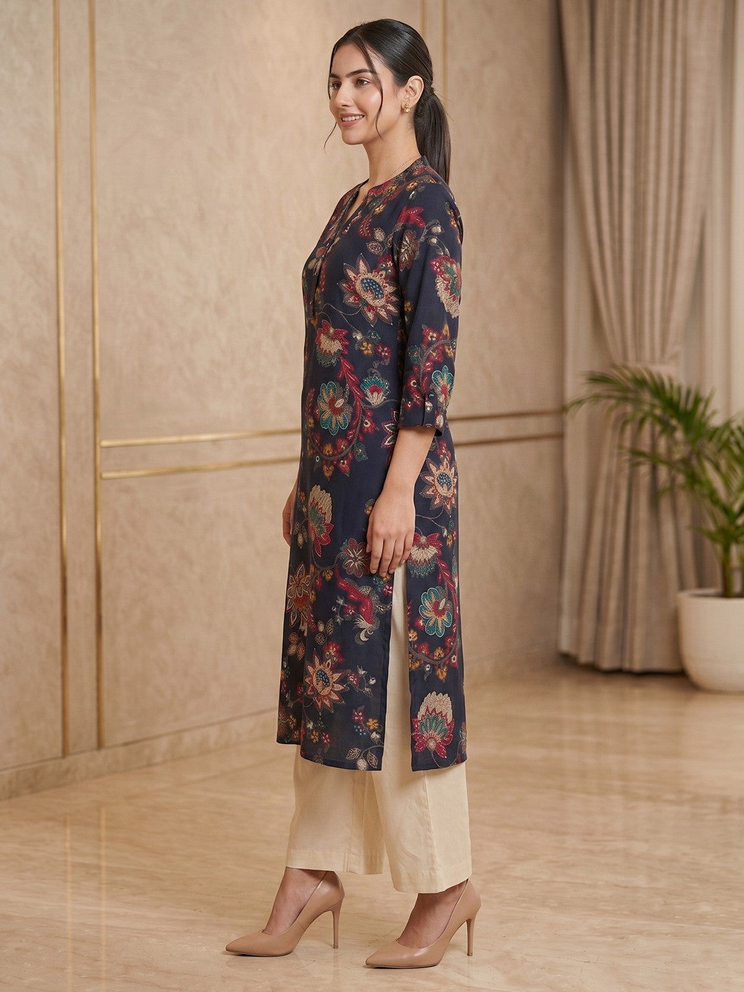 Premium Navy Blue Floral Printed Viscose Kurti Lightweight Ethnic Wear - Image 2