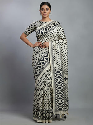 Cream Ikkat Print Mysore Silk Saree - Image 1