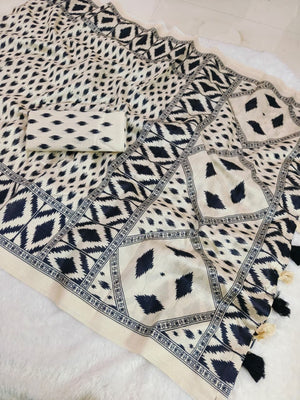 Cream Ikkat Print Mysore Silk Saree - Image 2