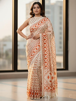 Elegant Cream Mysore Silk Saree with Ikkat Print - Image 1