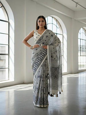 Elegant Cream Mysore Silk Saree with Traditional Ikkat Print - Image 1