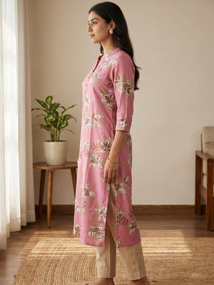 Premium Pink Floral Printed Viscose Kurti Lightweight Ethnic Wear - Image 2