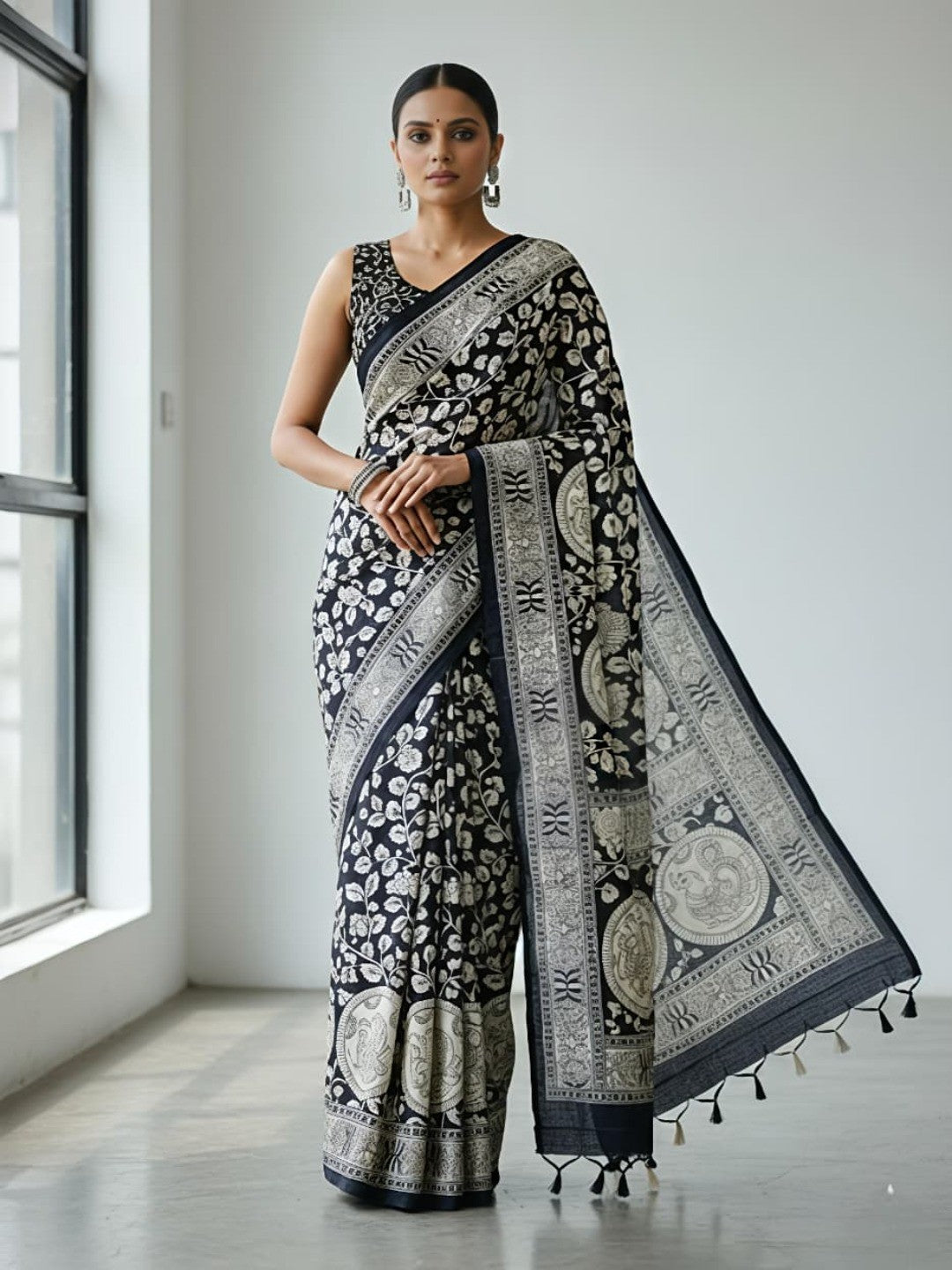 Elegant Black Mysore Silk Saree with Traditional Floral and Animal Print - Image 1