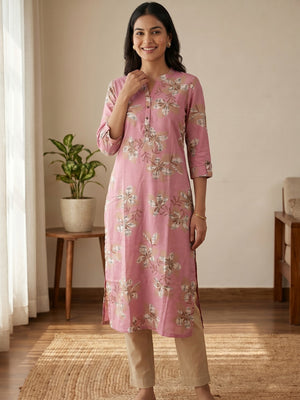 Premium Pink Floral Printed Viscose Kurti Lightweight Ethnic Wear - Image 1